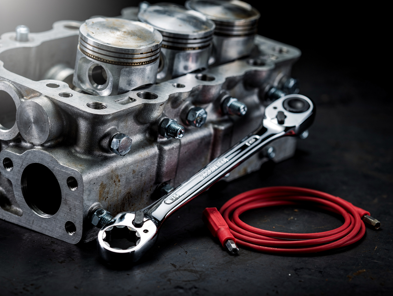Close up of precision engine repair work
